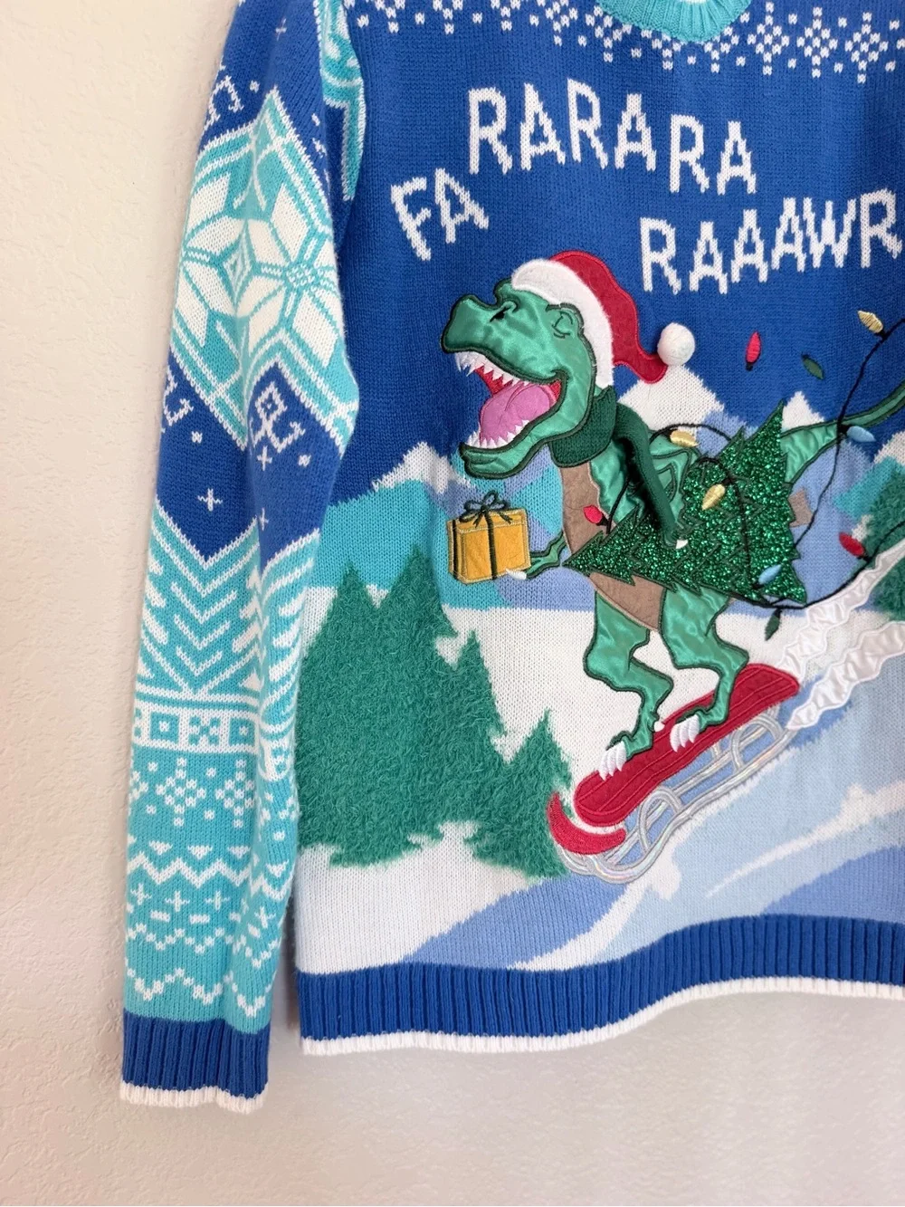 Blizzard Bay Ugly Christmas Sweater - T-Rex Dinosaur Sledding - Men's Medium
